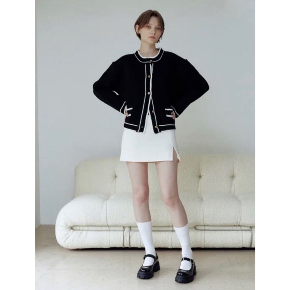 Hackesch Cardigan Button Up Long Sleeve Knit Sweater Black White Womens